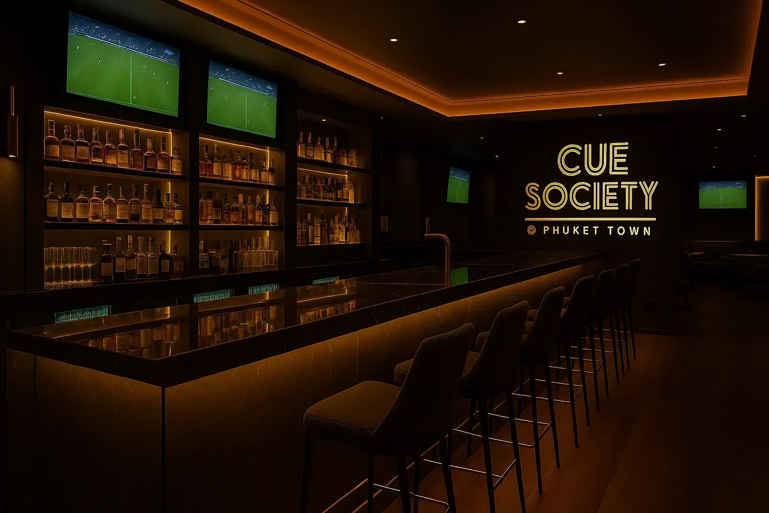 Warmly lit bar and lounge seating in the existing CUE SOCIETY concept