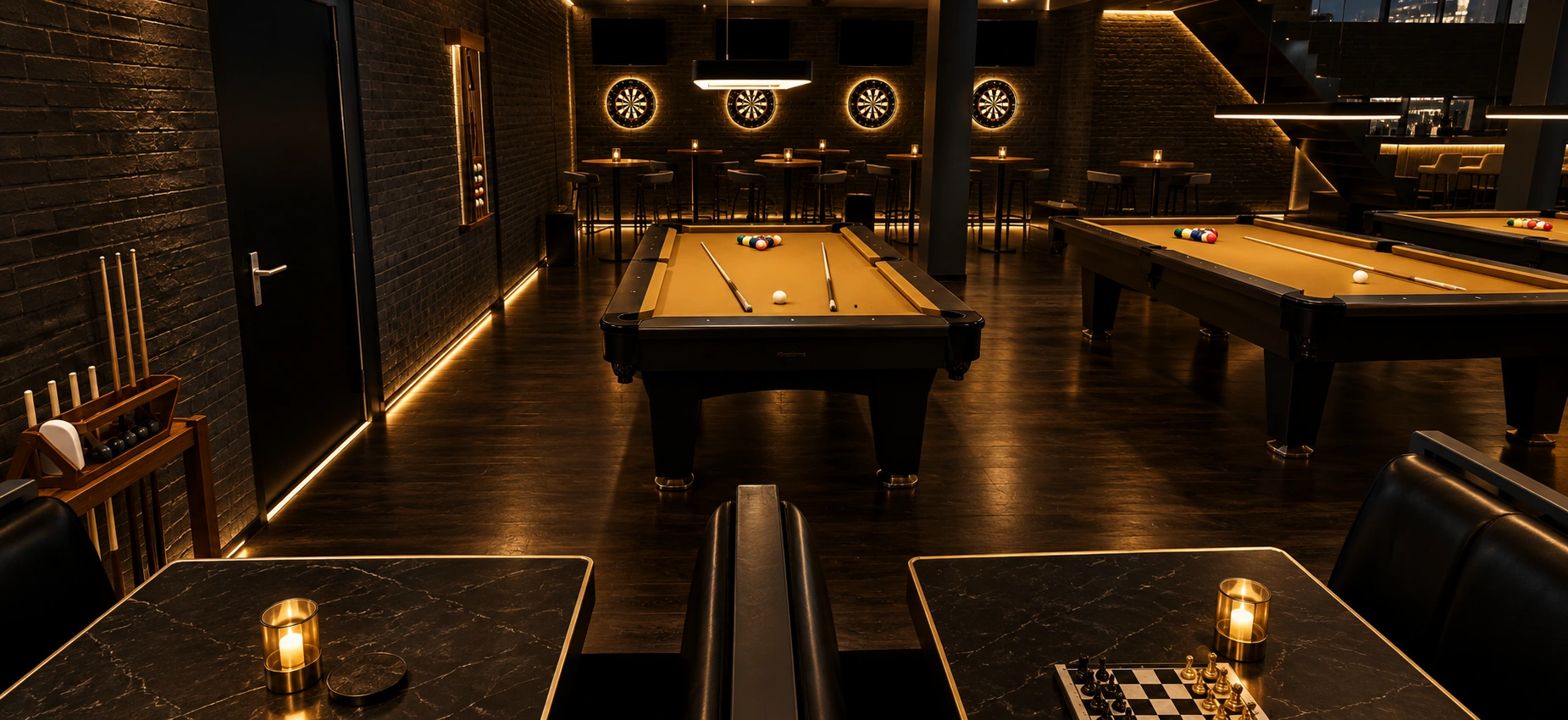 Darts-area visualization with four dartboards and screens beyond pool tables and seating