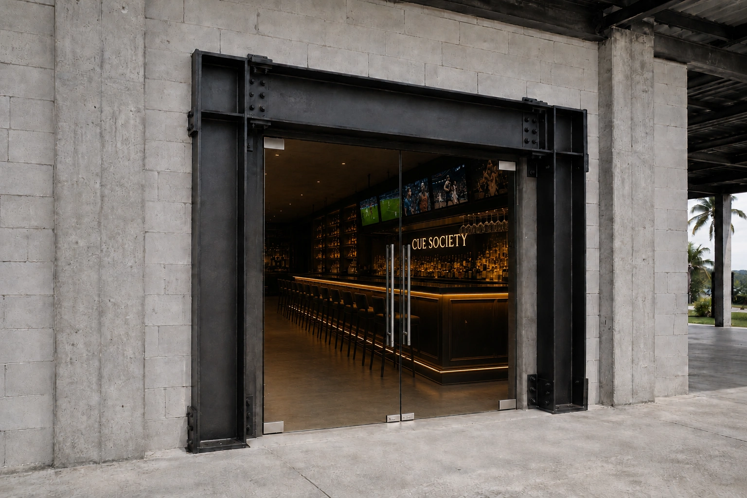 Terrace-side entrance with a custom H-beam steel frame, frameless glass doors and the CUE SOCIETY Lounge bar visible inside